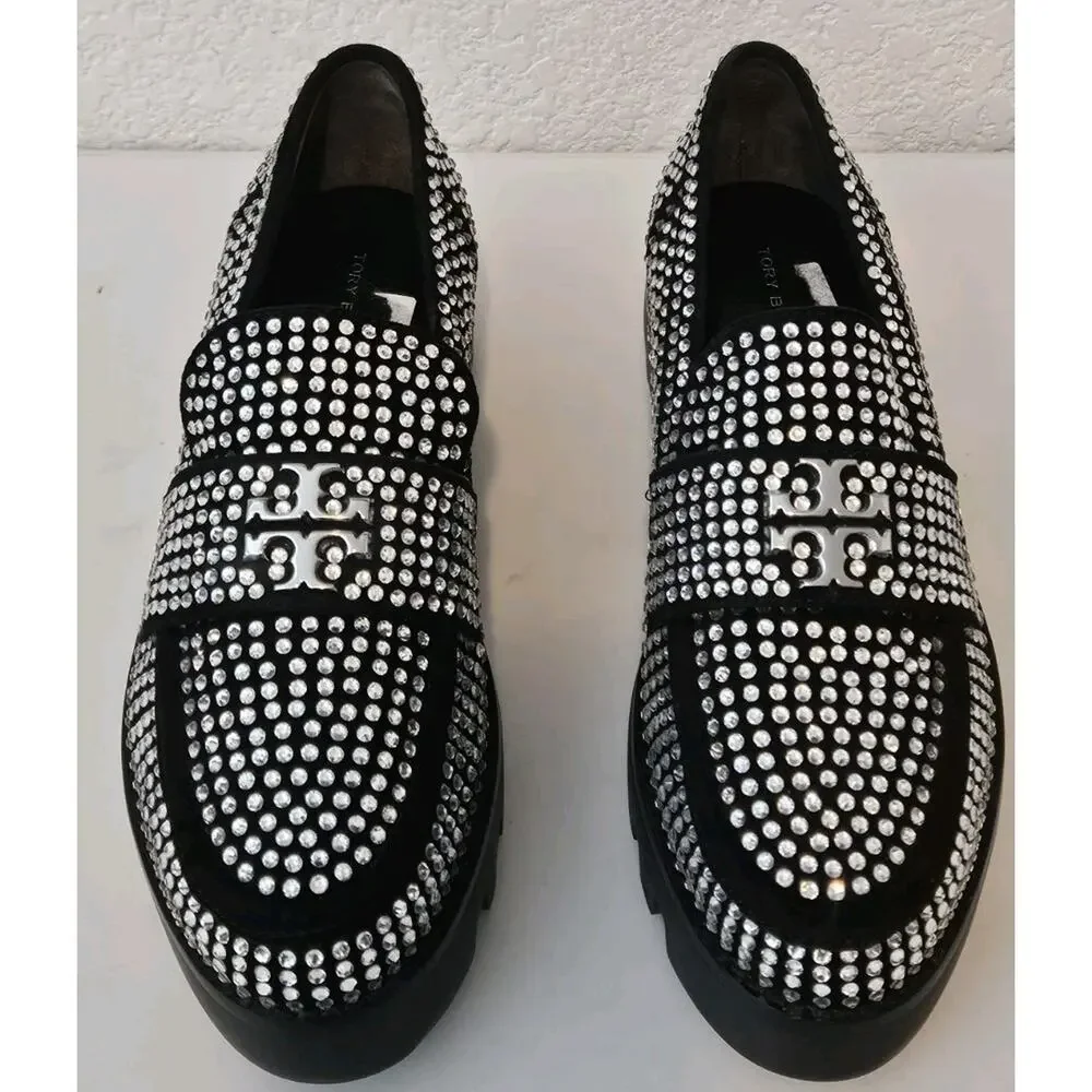 New Tory Burch Chunky Loafer Mini Everly Black Suede Crystals Lug Sole Size 7M